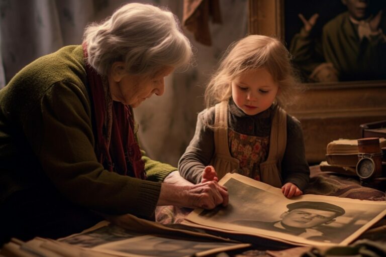 Family tree concept, dna, genes, ancestors. Grandmother elderly woman sits with her granddaughter shows her a photo album with relatives. Generational continuity, vintage retro, created by AI Familie, Kind, Großmutter, Familienmuster, DNA, Stammbaum, Vintage, Geschichte, Familiengeschichte