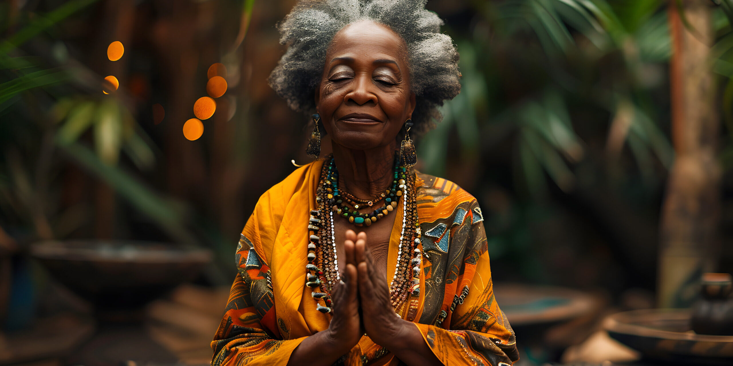 A man in a yellow robe meditating in a jungle setting