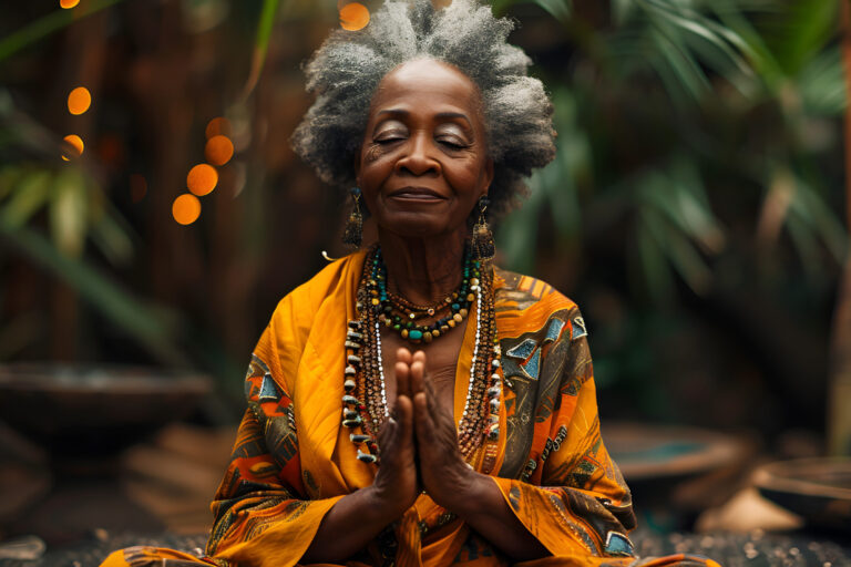 A man in a yellow robe meditating in a jungle setting