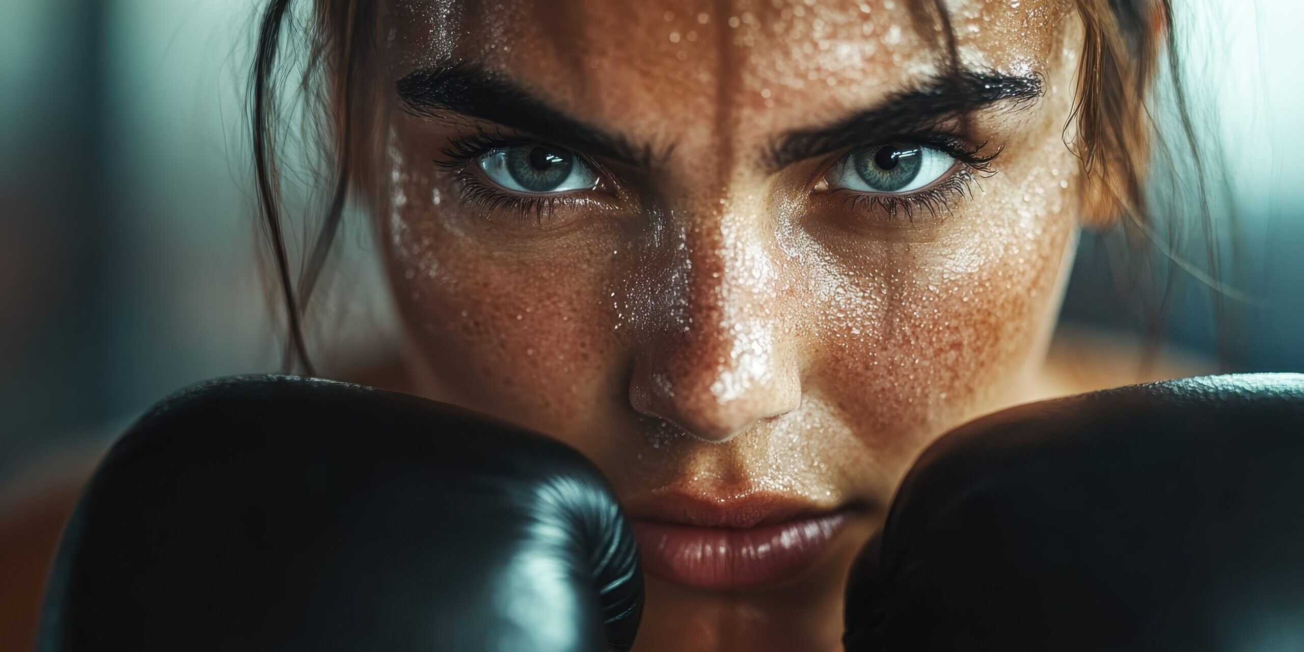 An intense close-up of a female boxer staring fixedly at the camera, with a serious and tough expression on her face, highlighting the determination and grit required in boxing.
