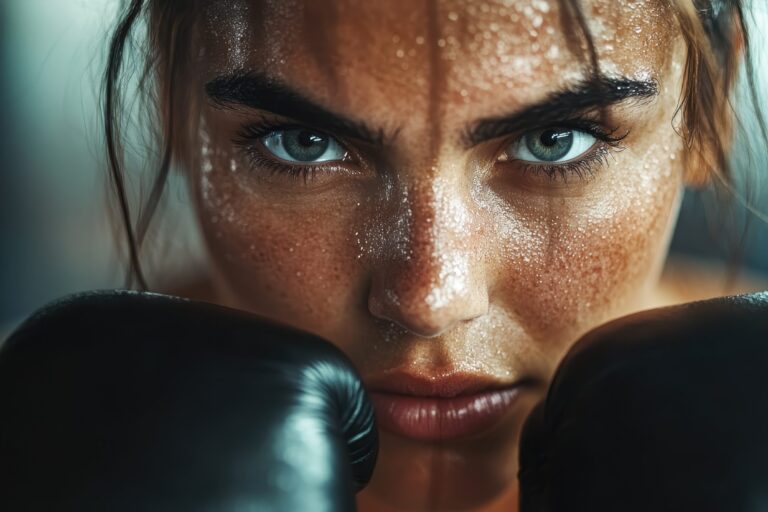 An intense close-up of a female boxer staring fixedly at the camera, with a serious and tough expression on her face, highlighting the determination and grit required in boxing.