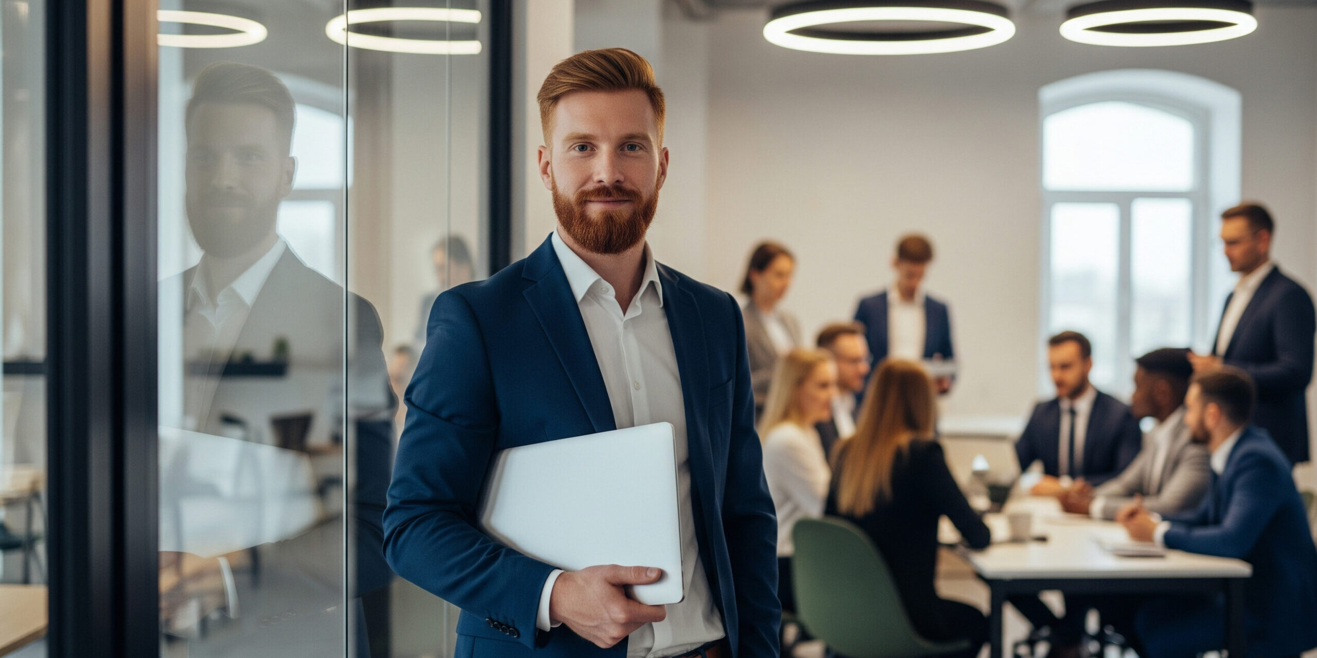 Confident Caucasian businessman holding a laptop in a meeting